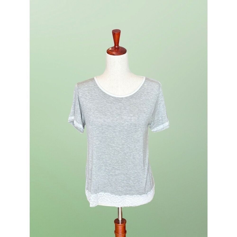 Kathy Ireland Short Sleeve Pajama Lounge Top Lace Trim Gray Med - Picture 8 of 8